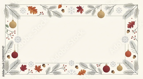 Minimalist holiday vector frame with pine branches and snowflakes for seasonal greeting cards