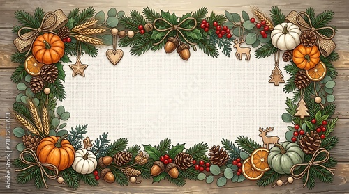 Rustic farmhouse holiday frame with burlap bows pumpkins pinecones and dried oranges
