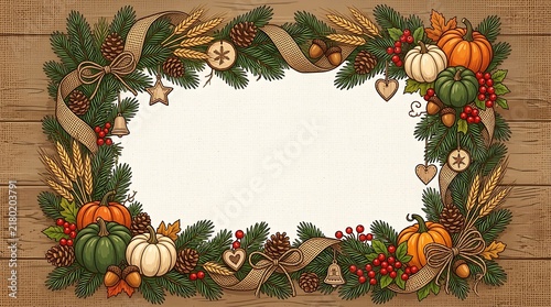 Rustic holiday frame with decorative burlap ribbons pumpkins pinecones and wheat