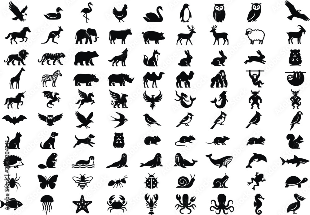 Fototapeta premium Wild animals birds and marine sealife creatures mega black icons pack including mammals insects fish and reptiles