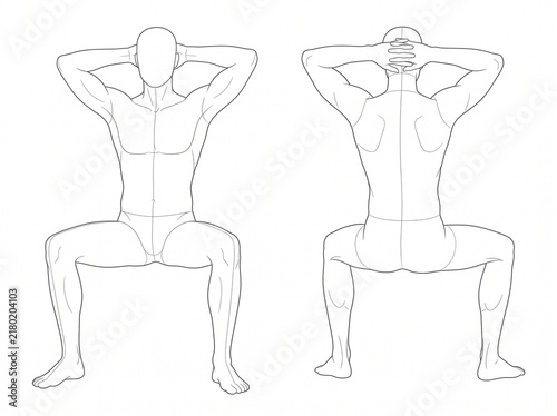 Seated Male Figure Anatomy Reference Showing Front and Rear Views With Hands Behind the Head and Open Knee Position