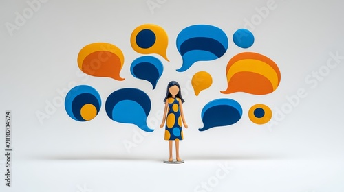 Woman figurine surrounded by colorful speech bubbles dialog thought communication