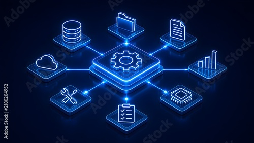 Glowing Blue Central Gear Icon Connected to Digital Workflow Icons on Dark Background Software Configuration and Cloud Computing Automation Concept 3D Render