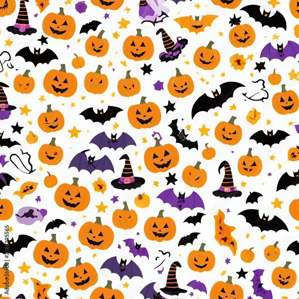Fototapeta premium Halloween seamless pattern with pumpkins bats and witch hats background illustration