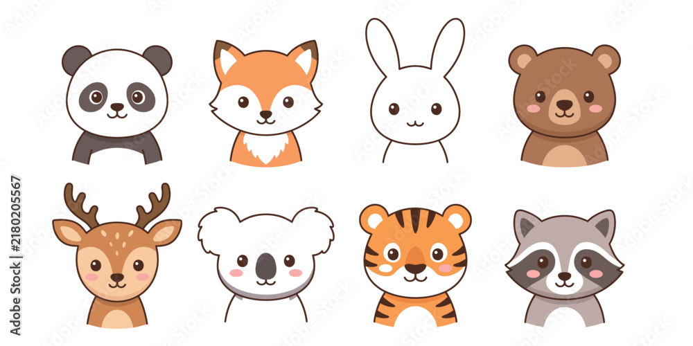Obraz premium Watercolor collection of adorable baby animals including panda fox and tiger faces