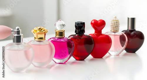 Colorful perfume bottles on a shelf