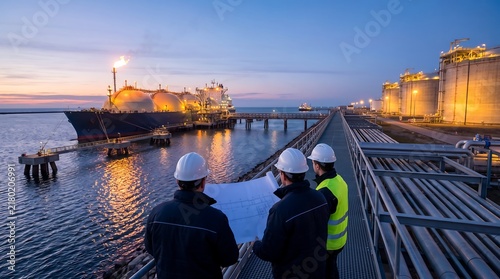 Industrial engineers reviewing blueprints at liquefied natural gas terminal during sunset with large cargo vessel docked at port facility for fuel transfer operations and storage tanks nearby