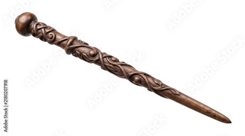Intricately carved wooden magic wand isolated on transparent background