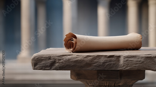 Ancient parchment scroll placed on a wooden table with soft dramatic light and historical atmosphere