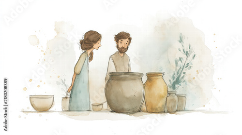 Watercolor depiction of the Wedding at Cana with Jesus performing the miracle of turning water into wine
