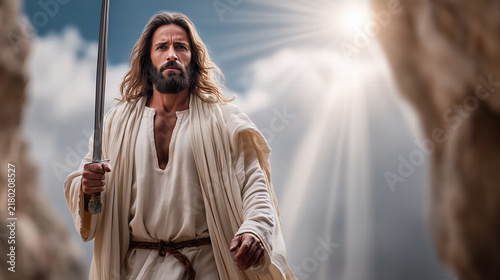 Revelation vision of Jesus holding a double-edged sword in a radiant apocalyptic biblical scene of divine authority