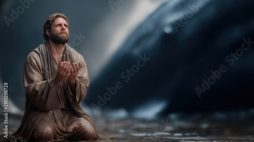 Jonah praying inside the belly of a great fish in an ancient biblical scene with glowing atmosphere