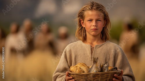 Young boy offering his basket to Jesus before the feeding of five thousand in a gathering crowd