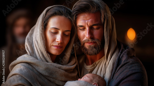 The birth of Jesus as Mary and Joseph lovingly embrace the newborn child in Bethlehem