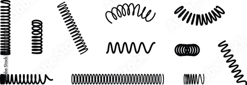 Collection of black helical spring shapes and coiled wire