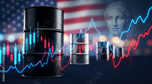 Oil barrels and us flag background with financial charts illustrating petroleum market economics