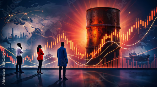 Business people looking at a large oil barrel and financial stock market charts in a modern facility