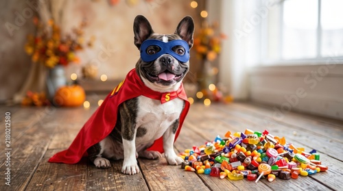 A dog dressed as a superhero with a red cape and blue mask sits next to a pile of colorful Halloween candies on a wooden floor indoors.