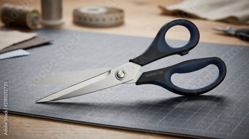 Tailor scissors resting open on a cutting mat with craft supplies including measuring tape and spools of thread scattered across a wooden workbench surface.