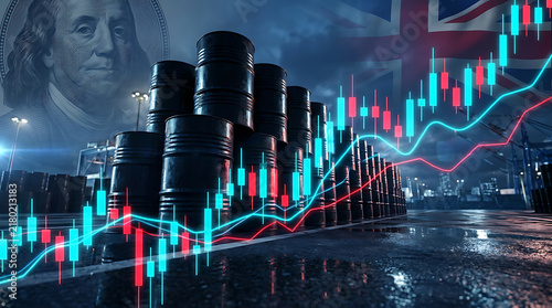 Stacked oil barrels with financial trading charts and currency background financial chart currency