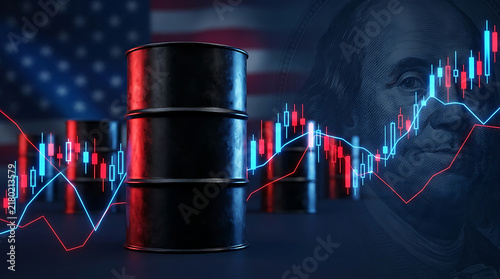Single black oil barrel with stock market charts and flag background financial chart trading graph