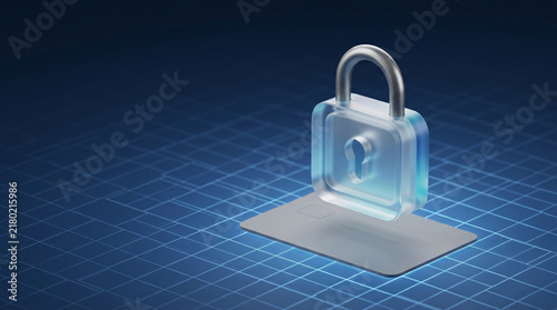 A transparent padlock, symbolizing digital security and data protection, hovers above a grid-like surface on a vibrant blue background, conveying concepts of cybersecurity and privacy.
