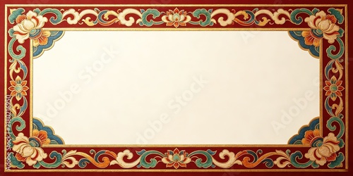 Decorative Frame Red Border Gold Teal Orange Flowers Clouds Cream
