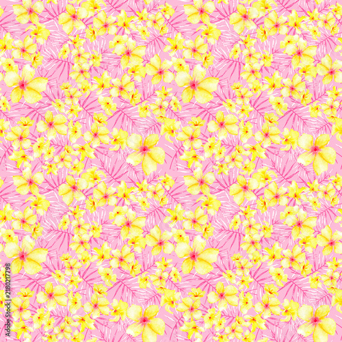 Ditsy flowers watercolor tropical floral seamless pattern on pink background