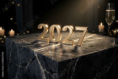 Elegant New Year 2024 Celebration with Gold Numbers on Marble Table