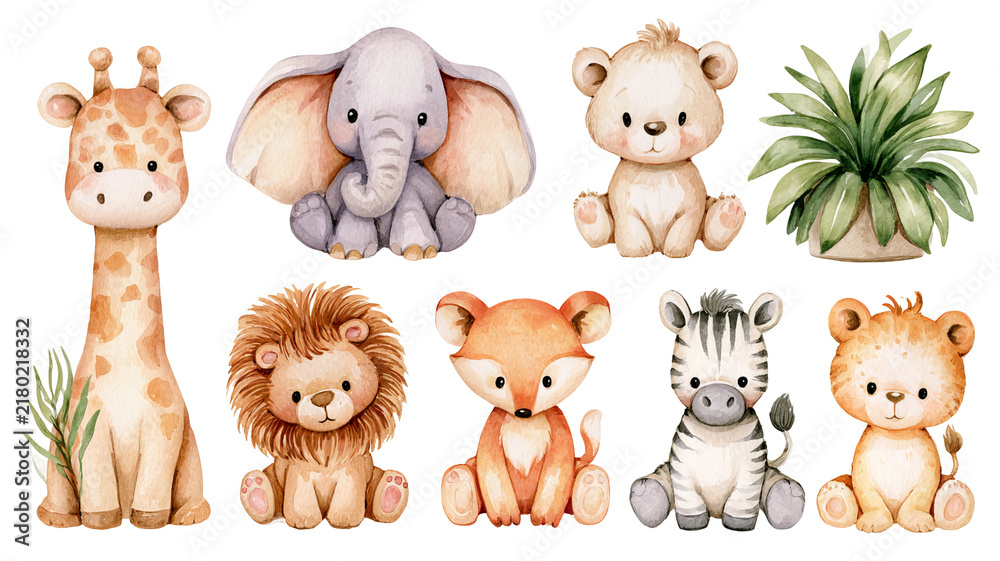Obraz premium Safari nursery animal collection, detailed watercolor clipart with soft shadows and clean edges, isolated PNG on transparent background