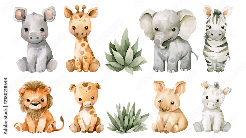 Obraz premium Safari nursery animal collection, detailed watercolor clipart with soft shadows and clean edges, isolated PNG on transparent background