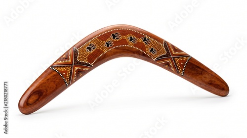 Traditional Australian Wooden Boomerang Decorated with Native Aboriginal Dot Painting
