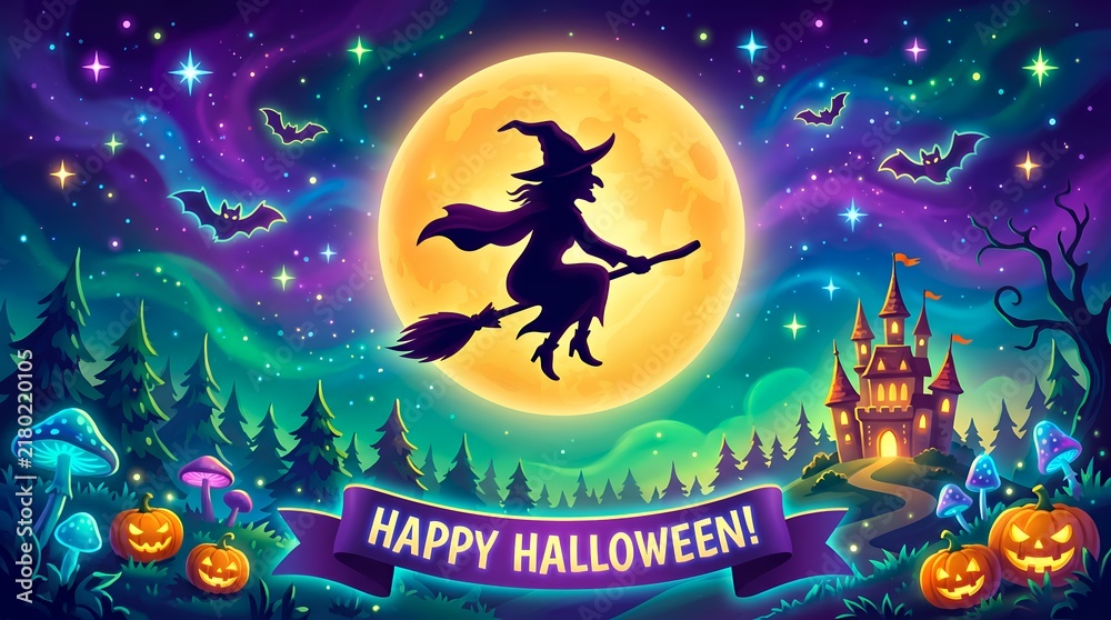 Fototapeta premium Colorful Halloween Witch and Moon – Festive Night Concept