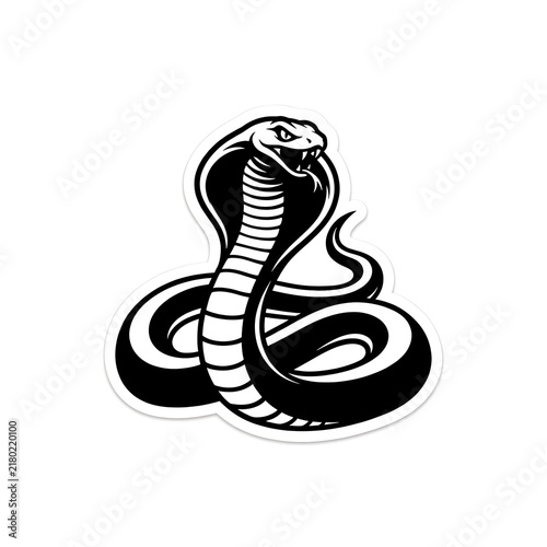 Black and white minimalist vector illustration of a dangerous king cobra snake ready to strike