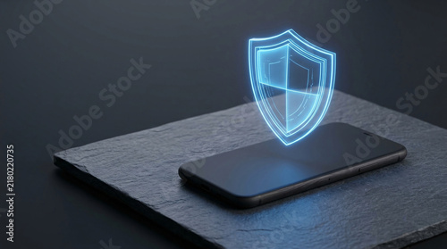 A digital shield hovers protectively above a smartphone, symbolizing modern data security and privacy protection in the tech world.