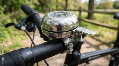 Bicycle handlebar equipped with a polished chrome bell mounted securely on a black frame against a blurred rural pathway backdrop surrounded by green foliage.
