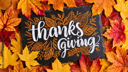 Thanksgiving holiday chalkboard sign with autumn leaves