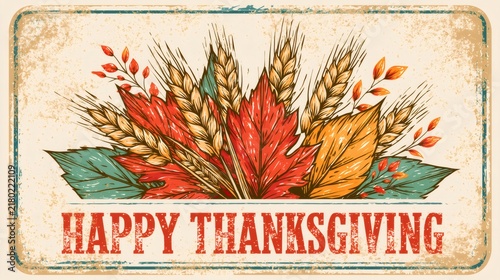 Happy thanksgiving vintage sign with autumn leaves and wheat