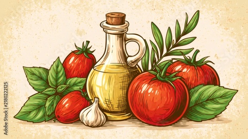 Italian cooking ingredients sketch with olive oil and tomatoes