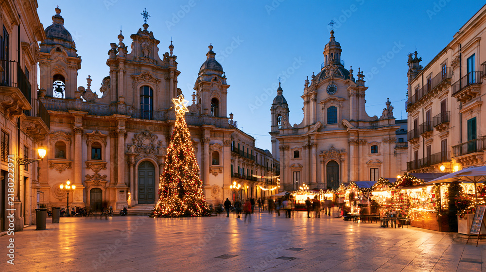 Fototapeta premium Christmas street scene in historic piazza with holiday decorations
