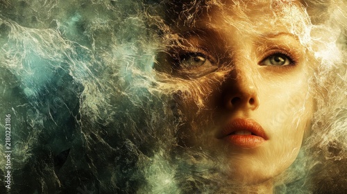 Surreal digital portrait of a woman with abstract flowing golden