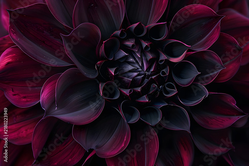 Close-up of a dark burgundy dahlia flower, showcasing its intricate petals and rich, deep colors.