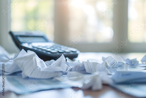 Calculator and scattered financial papers on a desk bathed in sunlight from a blurred window, depicting accounting tasks, bills, or tax season.