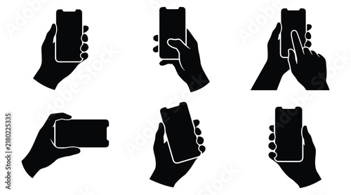 Black silhouette hands holding smartphones collection features various gestures and orientations for mobile application interface design.