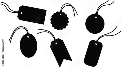 Black price tag collection featuring various shapes with strings for retail branding product labels and sales promotion design sets.