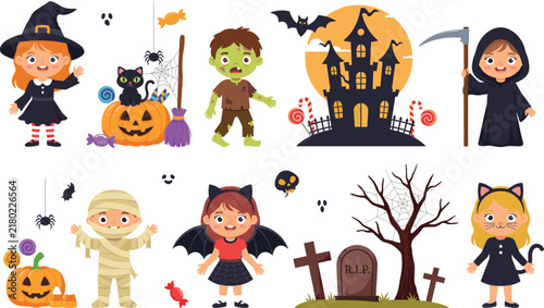 Cute Cartoon Children in Halloween Costumes Flat Vector Set featuring Little Witch Zombie Grim Reaper Mummy Vampire and Cat Girl Characters