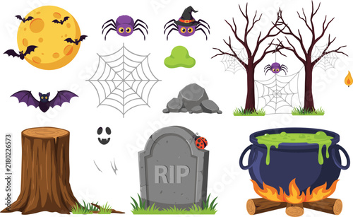Spooky Halloween Cemetery Flat Vector Illustration Set featuring RIP Tombstone Spiders Cobwebs Cauldron Full Moon Dead Trees and Ghost Elements