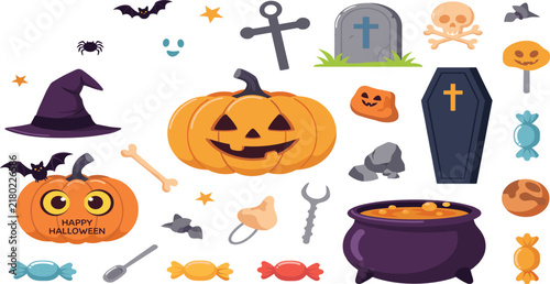 Spooky Halloween Flat Vector Element Set with Jack O Lantern Pumpkins Witch Hat Coffin Cauldron Tombstone Skull and Sweet Candy Graphics