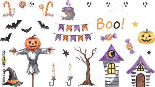 Cute Watercolor Style Halloween Clipart Set with Scarecrow Pumpkin Haunted Houses Boo Lettering Bats Garland and Sweet Candies Vector Graphics