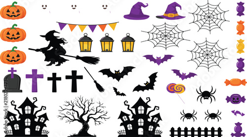 Spooky Halloween Flat Vector Element Bundle with Haunted House Silhouettes Flying Witch Bats Cobwebs Cemetery Crosses and Sweet Candy Graphics